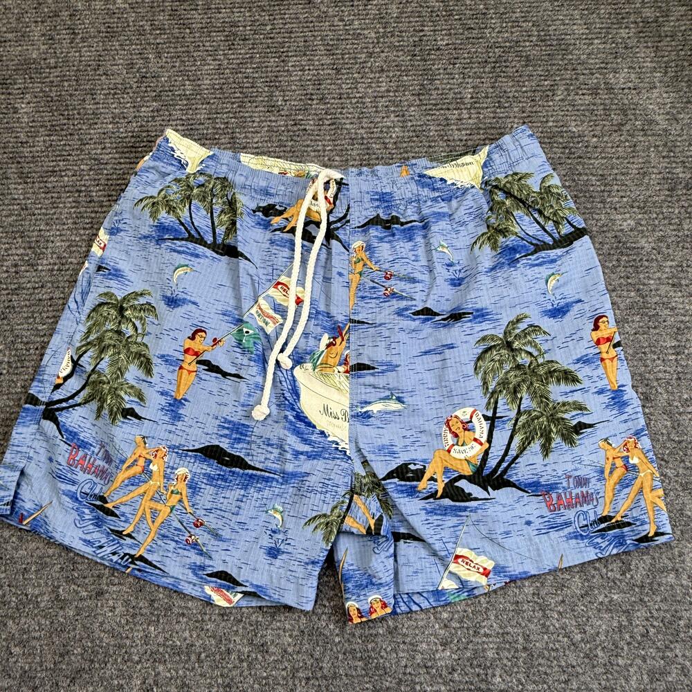Tommy Bahama Swim Trunks Mens Large Blue Pin Up Hawaiian Lined Tropical Print